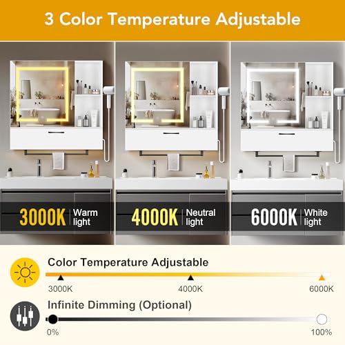 LED Lighting with Socket and USB Bathroom Medicine Mirror Cabinet,Color Changing Anti Fog Light Strip,Equipped with Hair Dryer Rack and Towel Rack,Embedded or Wall Mounted,White
