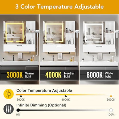 LED Lighting with Socket and USB Bathroom Medicine Mirror Cabinet,Color Changing Anti Fog Light Strip,Equipped with Hair Dryer Rack and Towel Rack,Embedded or Wall Mounted,White