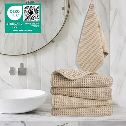 POLYTE 430 GSM Poly Blend Microfiber Quick Dry Waffle Hand Towel, 16x30 in | 4 Pack, Oversize, Lint Free, Quick Dry, Hanging Loop - color: Beige