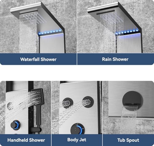 ELLO&ALLO LED Rainfall Shower Head and Rain Massage System with Body Jets Stainless Steel Bathroom Shower Panel Tower System with Shelf, Brushed Nickel&Black