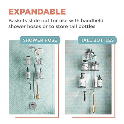 Zenna Home Shower Caddy Hanging Bathroom Organizer, Steel Shower Shelves with 4 Sliding Baskets and Built in Hooks, Accomodates Hose for Handheld Shower Head Storage System, Chrome - color: Chrome