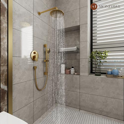 MONDAWE 9 Inch Wall Mounted Shower Faucet Set in Brushed Gold, Rainfall Shower Head with 3-Setting Handheld Spray Shower Set Combo, High Pressure Shower System with Solid Brass Valve - color: Brushed Gold, style: 9 IN - Without Tub Spout