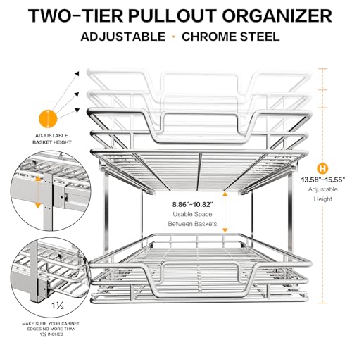 2-Tier Kitchen Cabinet Pull Out Shelf and Drawer Organizer Slide Out Pantry Storaqe Basket in Multiple Sizes (15" W x18 D) - size: 15" W x18" D