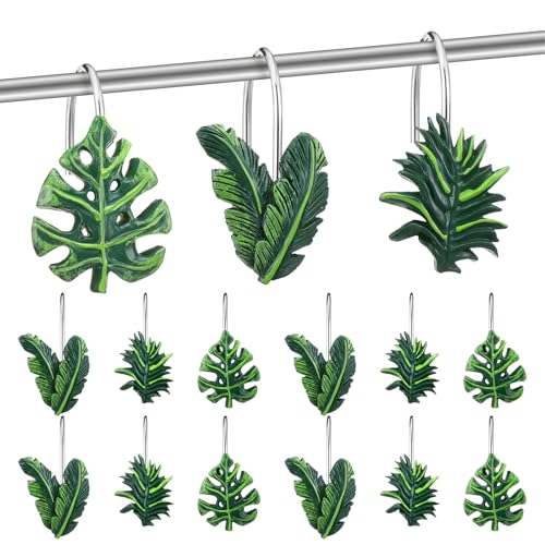 12 Pcs Tropical Leaf Decorative Shower Curtain Hooks Cute Green Monstera Deliciosa Leaves Curtain Rings Hanger Stainless Steel Resin Tropical Botanical Themed Hooks for Home Bathroom Decor - style: Tropical