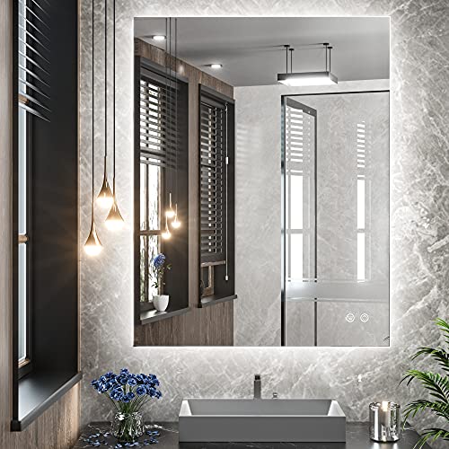 24x32 LED Backlit Mirror Bathroom with Light,3Color White/Warm/Natural,Anti-Fog Lighted Mirror,Dimmable,Vanity Mirror,Wall Mounted - color: Backlit-3 Color, size: 32"L x 24"W