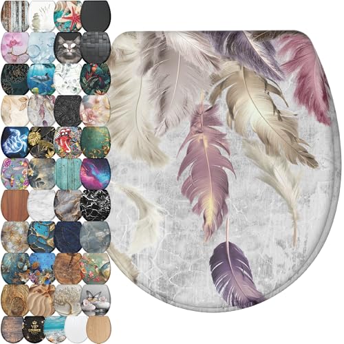 Sanilo Wooden Toilet Seat with Quick Release & Soft Close [ROUND] - Decorative & Slow Close Molded Wood Seat - With One Click for Easy Installation & Cleaning - With Adjustable Fit (Feathers) - color: Feathers