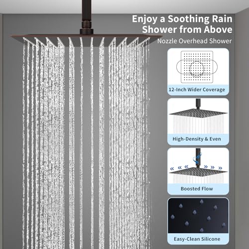 Dual Shower Mixer 6 Way Full Body Shower Head System Rain 12+8+8 Inch With Wall Mount 6 Pcs Jets 2 Handheld Shower Diverter Valve Digital Display Fauct Set,Matte black - color: Matte Black