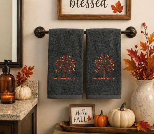 Serafina Home Harvest Fall Bathroom Guest Hand Embroidered Towels 2 Pc Set: Autumn Tree Design Bath Plush Grey Gray Towels, 100% Cotton, 16" x 25" Inches, Oeko-TEX Certified - color: Autumn Tree Grey