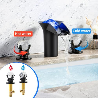 SKOWLL Bathroom Sink Faucet Waterfall, Free Floating Crystal Ball with LED Light, Modern 8 inch Widespread Bathroom Faucet 3 Hole with Dual Handle, Matte Black - color: Matte Black