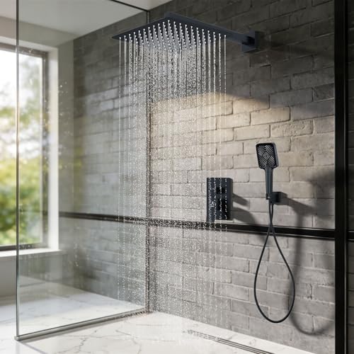 Shower System Modern Rain Brass Faucet Set With Valve and Diverter Shower Mixer With Handheld High Pressure Square Rainfall Shower Valve (12'' Wall Mount, Matte Black) - color: Matte Black, style: 12'' Wall Mount