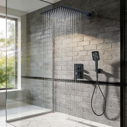 Shower System Modern Rain Brass Faucet Set With Valve and Diverter Shower Mixer With Handheld High Pressure Square Rainfall Shower Valve (12'' Wall Mount, Matte Black) - color: Matte Black, style: 12'' Wall Mount