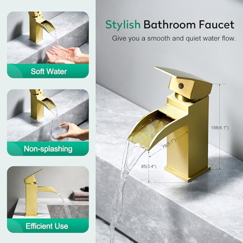 CREA Brushed Gold Waterfall Bathroom Faucet 1 Hole Single Handle Bathroom Sink Faucet with Pop Up Drain Stainless Steel Vanity Faucet Basin Mixer Tap Hot Cold Water Supply Line 3 Hole Deck Plate - color: Gold, style: Open Waterfall