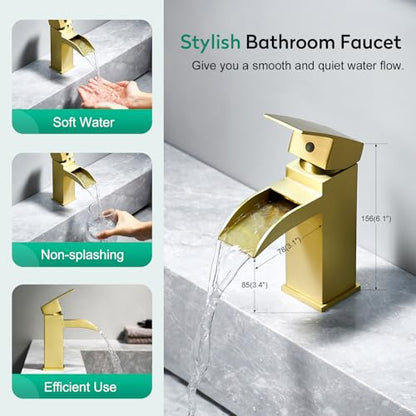 CREA Brushed Gold Waterfall Bathroom Faucet 1 Hole Single Handle Bathroom Sink Faucet with Pop Up Drain Stainless Steel Vanity Faucet Basin Mixer Tap Hot Cold Water Supply Line 3 Hole Deck Plate - color: Gold, style: Open Waterfall
