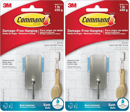 Command Small Bath Hook, Satin Nickel, 1-Hook, 2-Small Water-Resistant Strips, Organize Damage-Free (Pack of 2)