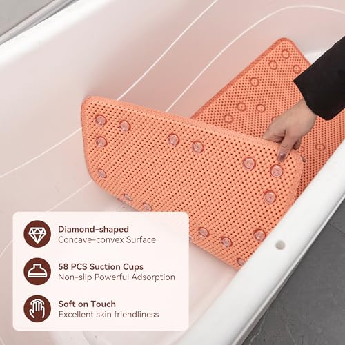 Bathtub Mat Non Slip, Soft Foam Bath Mat for Tub, Bathtub Mat with Drain Holes, Suction Cups Shower Mat (Orange, 36''X17'') - color: Orange