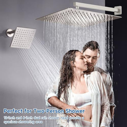 Dual Rainfall Shower Head System Brushed Nickel, 3-Function Push Button Shower Faucet Set with 12" Wall Mount Rain shower head and 6" Wall Mount Shower Head, Pressure Balance Rough-in Valve - color: Brushed Nickel, style: Wall Mount