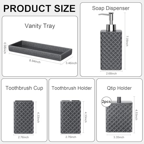 Bathroom Accessories Set Resin 6PCS, Square Toothbrush Holders Set Complete with Soap Dispenser, Vanity Tray, Tumbler, Cups and Cotton Swab Jars (Gray Diamond, Resin Bath 6 PCS) - color: Gray Diamond