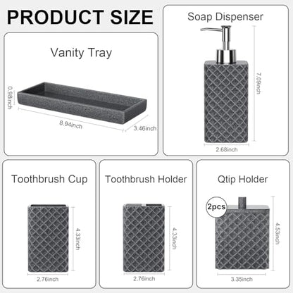 Bathroom Accessories Set Resin 6PCS, Square Toothbrush Holders Set Complete with Soap Dispenser, Vanity Tray, Tumbler, Cups and Cotton Swab Jars (Gray Diamond, Resin Bath 6 PCS) - color: Gray Diamond