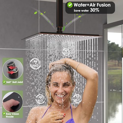 Enga Dual Shower Head Shower System with Body Jets, 12" Ceiling Mounted Rain Shower Head & 6" Wall Mounted Head Full Body Rainfall Shower Faucet with Valve Kit, Oil Rubbed Bronze - color: Oil Rubbed Bronze, style: Ceiling-12"+6"+Jets