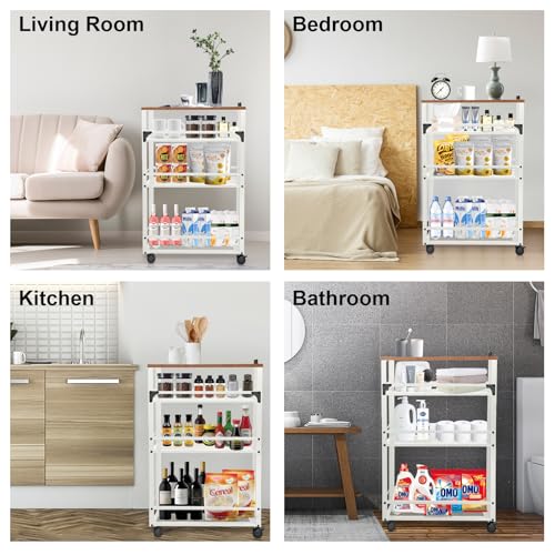 3-Tier Rolling Cart Slim - White Laundry Bathroom Kitchen | Steel Frame, Mesh Baskets, for Small Spaces, 110 lb Capacity, 4 Wheels 2 Lockable, Utility Storage Snack Coffee Craft - color: White
