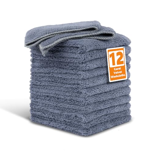 TEAWOO Coral Velvet Navy Blue Washcloths 12 Pack, Highly Absorbent and Soft | Face Towel, Multi-Purpose White Bath Towels for Bathroom, Hotel, Spa, Gym and Kitchen - color: Navy Blue, size: 12 PACK