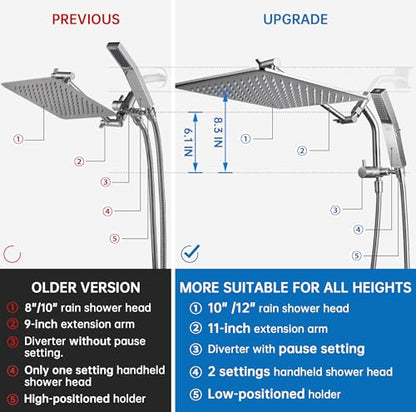 G-Promise 12 Inch All Metal Rain Shower Head with Handheld (Brushed Nickel) | Full Body Coverage, Pause Mode Diverter, Power Wash Mode Handheld, Suits Every Height, Easy to Install, Modern Bath Upgrade - color: Brushed Nickel, size: 12 Inches
