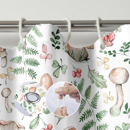 Mushroom and Fern Leaves Shower Curtain, Waterproof Fabric Cute Plant Botanical Bathroom Shower Curtain, 72 x 72 Inch - color: White Mushroom, size: 72"W x 72"L (Pack of 1)