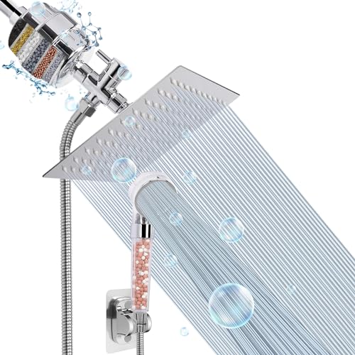 Filter Shower Head, High Pressure 8 Inch Rainfull with Filter Combo for Hard Water, Remove Chlorine Fluoride and Harmful Substances- 1 Replaceable Filter Cartridge (Square, Chrome) - color: Chrome