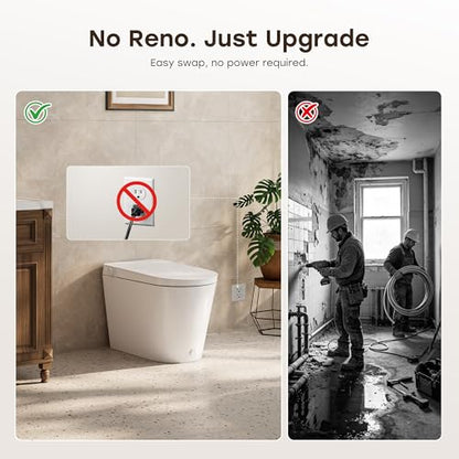 HOROW Non-Electric Bidet Toilet with Auto Flush, Tankless One-Piece Toilet with Powerful Flush, 1.22 GPF Water Saving, Battery Operated, No Rewiring, Suitable for No Outlet Bathrooms, 12" Rough-In