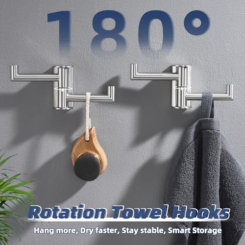 2 Pack Swivel Towel Hooks, Brushed Nickel, 304 Stainless Steel | Dual-Arm Hanging Capacity, 180° Swing-Out Rotation, Fold-Away Storage, Raised End Hooks, Closet, Hallway & Shower Use - color: Brushed Nickel, size: 2 Pack