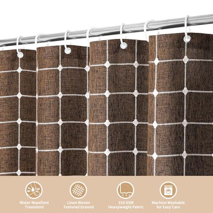 Boho Farmhouse Classic Plaid Linen Tassel Shower Curtain Brown,36x72 | Small Stall Half Size,310GSM Linen Blend Heavy Duty Cloth,3-side Tassels,Wrinkle Resistant,Rustic Bohemian Country design - color: Brown, size: 36"W x 72"L (Pack of 1)