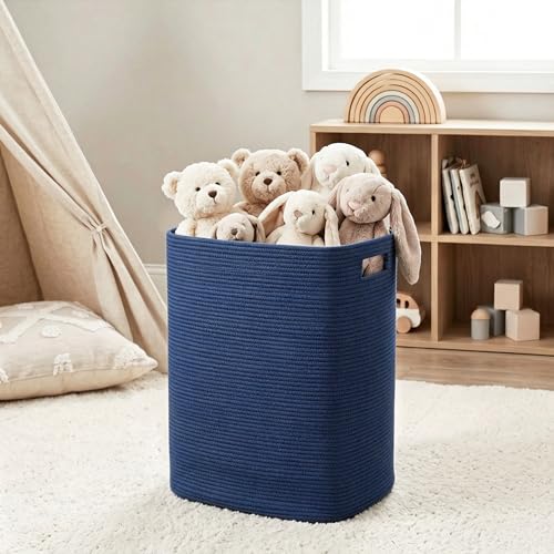 Large Laundry Hamper 16"x13"x22" - Tall Woven Baby Laundry Basket, Cotton Rope Dirty Clothes Hamper Bin, Blanket Storage for Living Room, Nursery Bedroom Aesthetic, Soft Dark Blue Hamper, 75L - color: Blue