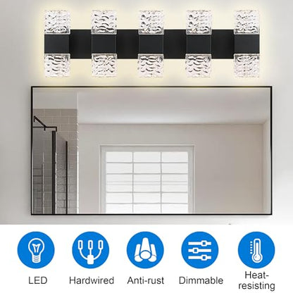 MELUCEE 30.3 in LED Bathroom Lighting Fixtures Over Mirror 40W | LED Vanity Light Black Modern Bathroom Light Bar Crystal Wall Light Fixtures, 3000K Warm Lighting, Built-in Led Chips - color: Black, size: 5 Lights