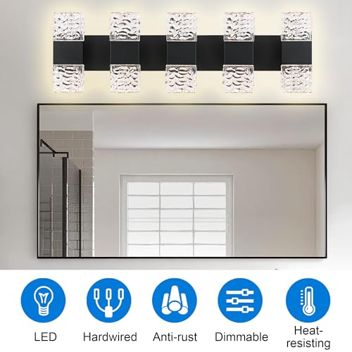 MELUCEE 30.3 in LED Bathroom Lighting Fixtures Over Mirror 40W | LED Vanity Light Black Modern Bathroom Light Bar Crystal Wall Light Fixtures, 3000K Warm Lighting, Built-in Led Chips - color: Black, size: 5 Lights