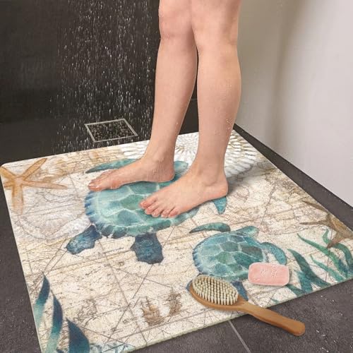 Sea Turtle Shower Mats for Inside Shower, Square Non Slip Bath Mat Cute Shower Matt for Bathroom Floor Easy Cleaning Loofah Bathmat, Quick Drying Textured Surface Shower Foot Scrubber Mat, 24″X24″ - color: D04