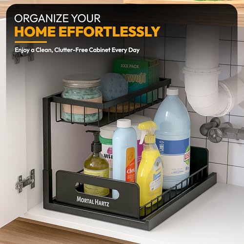 MORTALHARTS Under Sink Organizer – 1 Pack 2-Tier Sliding Storage Rack – Pull-Out Cabinet Organizer with Adjustable Metal Shelf, L-Shaped Design for Kitchen, Bathroom & Laundry Cabinets