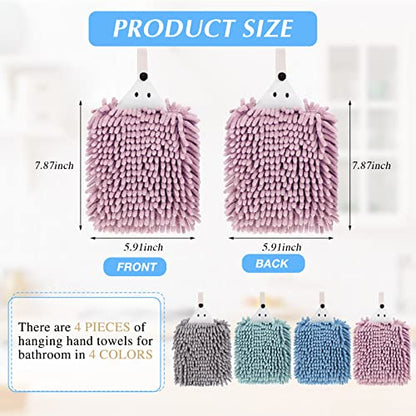Kinlop Set of 4 Chenille Hand Towels, Fuzzy Ball Towel, Soft Hanging Absorbent Quick Dry, Hedgehog Hand Towel for Drying Bath Kitchen Washstand(Pink, Green, Blue, Gray)