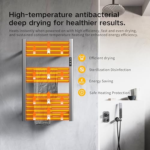 Sole&caldo Grey Carbon Steel Towel Warmer Rack with 15 Heating Strips and LED Temperature Timer Control, Freestanding or Wall Mounted Electric Towel Heater Rack