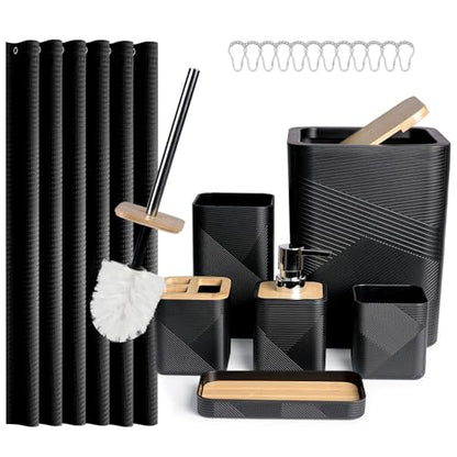 CERBIOR Bamboo Bathroom Accessory Set with Shower Curtain,Black,20PCS | Spiral Set Includes Shower Curtain,Soap Dispenser, Toothbrush Holder, Toothbrush Cup, Soap Dish for Decorative and House Gift - size: Bath Set+Shower Curtain, style: Black