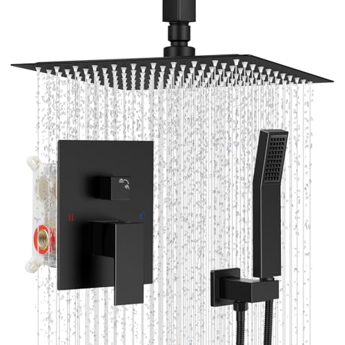 10" Square Ceiling Rain Shower Faucet Set,Matte Black | Anti-scald cartridge, air tech boosts pressure 30%, dual spray, NPT 1/2 - color: Matte Black, style: 10''-Ceiling Mount