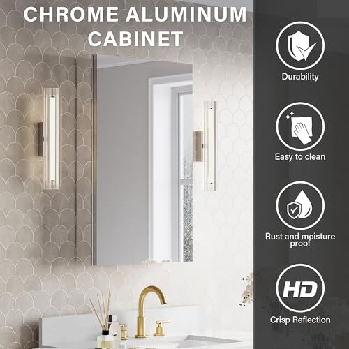 WELLFOR 20" x 32" Bathroom Medicine Cabinet, Anodized Chrome Aluminum Frame, Medicine Cabinet with Adjustable Glass Shelves, Bathroom Cabinet with Reverse Door Installation, Surface or Recessed Mount