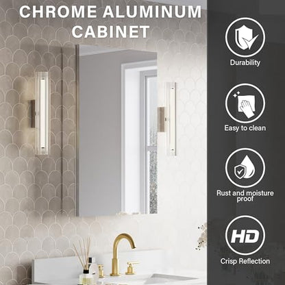 WELLFOR 20" x 32" Bathroom Medicine Cabinet, Anodized Chrome Aluminum Frame, Medicine Cabinet with Adjustable Glass Shelves, Bathroom Cabinet with Reverse Door Installation, Surface or Recessed Mount