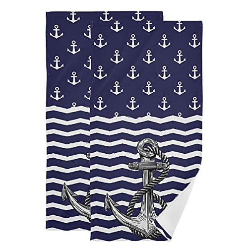 Anchor Bath Hand Towel 2 Pcs Absorbent Nautical White Stripe Hand Towels Sea Anchors Navy Blue Face Towel Soft Breathable Anchor Fingertip Towel for Bathroom Kitchen Hotel Spa Decor Gift 28.3x14.4in - color: Anchor, size: 28.3" x 14.4"(Pack of 2)