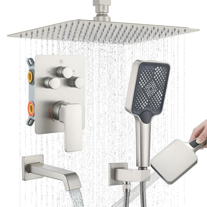 Bathtub Shower Faucet Set with Pressure Balance Valve, 12" Ceiling Mount Shower System with Tub Spout Multi-function Handheld Head Push Button Diverter Shower Trim Kit, Brushed Nickel - color: Brushed Nickel, style: 12"-Square-Tub-01