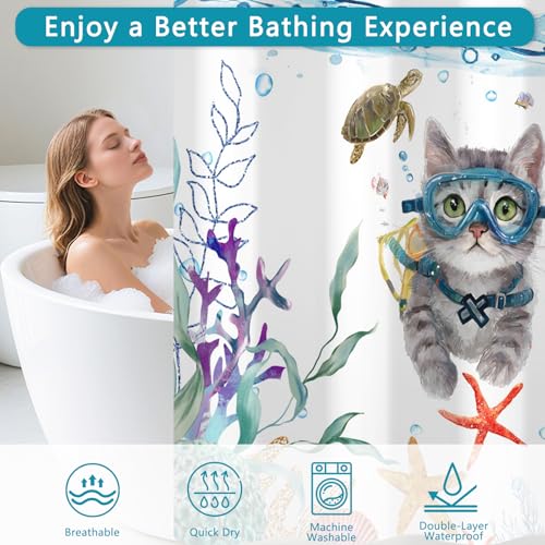 No Hook Cat Shower Curtain Set with Ventilation Top Window, Ocean Theme Funny Shower Curtain with Snap in Liner, Nautical Fabric Shower Curtains for Bathroom with Weighted Hem, 71x74 Inches - color: Underwater Explorer Cat