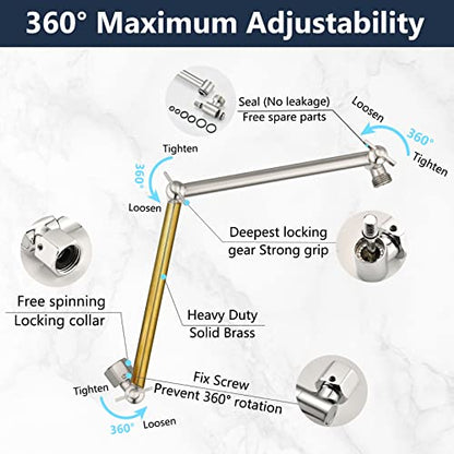 PDPBath Shower Extension Arm, 16" Upgrade Solid Brass Shower Head Shower Head Extender, Adjustable Height Extended with G1/2 Universal Connection for Rain & Handheld Shower Head Brushed Nickel - color: Brushed Nickel, style: 8 Inch + 8 Inch