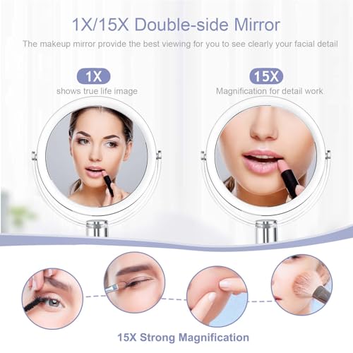 CLSEVXY Vanity Mirror Makeup Mirror with Stand, 1X/15X Magnification Double Sided 360 Degree Swivel Magnifying Mirror, 7.4 Inch - size: 10.2"L x 7.4"W