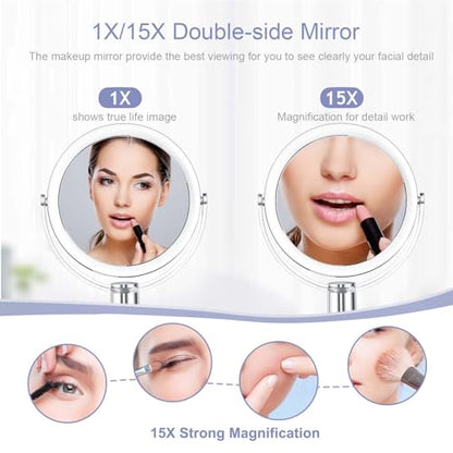 CLSEVXY Vanity Mirror Makeup Mirror with Stand, 1X/15X Magnification Double Sided 360 Degree Swivel Magnifying Mirror, 7.4 Inch - size: 10.2"L x 7.4"W