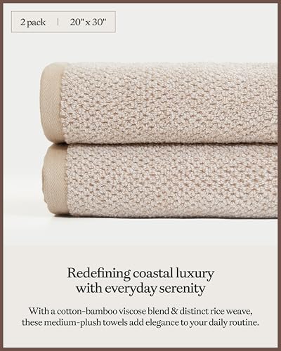 Cozy Earth Nantucket 60% Cotton 40% Viscose from Bamboo Hand Towel | 600 GSM Plush and Fast-Drying with Rice Weave Pattern, 2 Pack 20" x 30" Luxury Hand Towel, Sand - color: Heathered Sand, size: Hand Towel