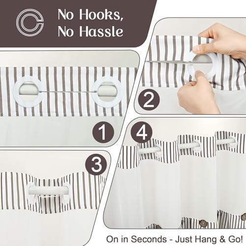 ASPMIZ Farmhouse Striped Shower Curtain and Liner Set No Hook, Brown 71x86 | No Hook Shower Curtain with Snap in Liner Fabric, Rustic Washable Waterproof Bathroom Curtains with Button, Mesh Top Window - color: Brown Striped, size: 71"W x 86"L (Pack of 1),